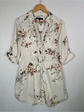 Dynamite Floral Shirt Dress Cream Pink Button Front Tie Waist M Utility Feminine